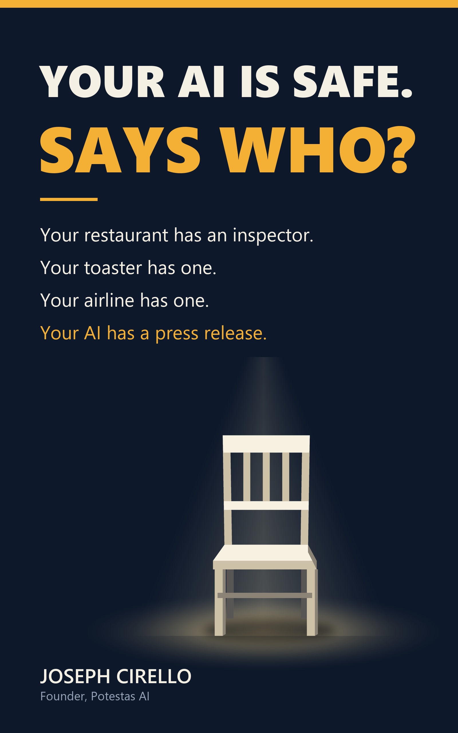 The cover of Your AI Is Safe. Says Who? An empty chair on a blue background.