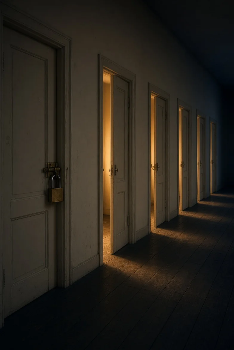 A dark corridor: the first door padlocked, five doors beyond it standing open with light pouring out.